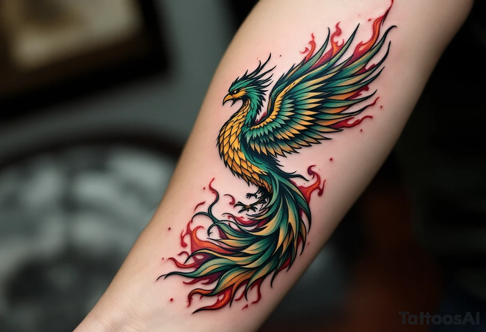 A green and yellow phoenix rising from flames embodies rebirth and freedom. tattoo idea