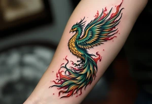 A green and yellow phoenix rising from flames embodies rebirth and freedom. tattoo idea