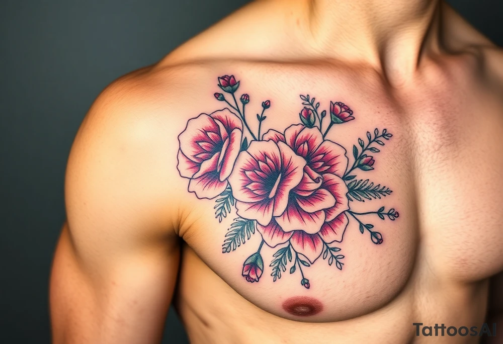 vintage bouquet of wild roses and meadow flowers with morning dew tattoo idea
