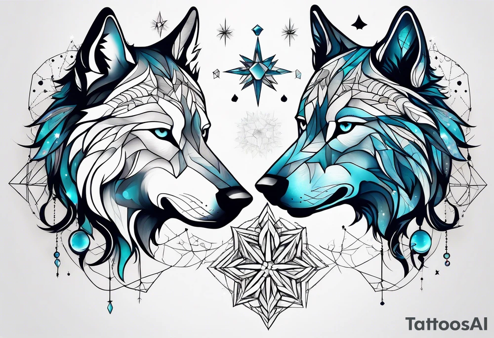 Constellation, two animal wolf, géométric, snowflake tattoo idea