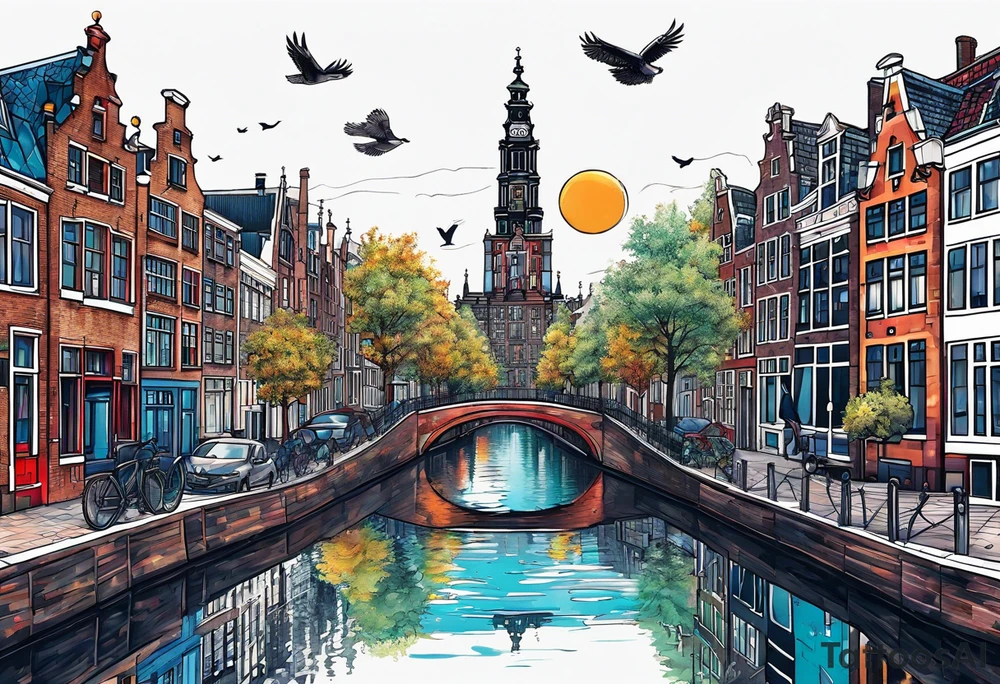 White tiger, deer stag and birds with pineapples featuring Amsterdam buildings and canal in galaxy colours and Amsterdam buildings and canal in space tattoo idea