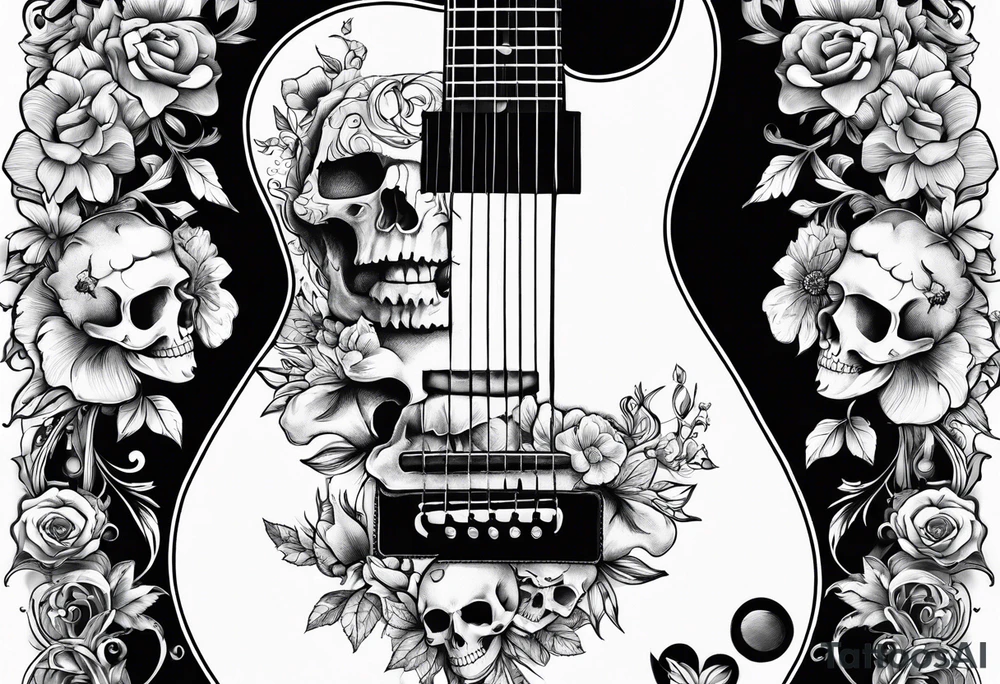 Guitar, guitar neck, skulls, flowers tattoo idea