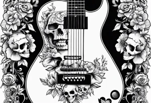 Guitar, guitar neck, skulls, flowers tattoo idea