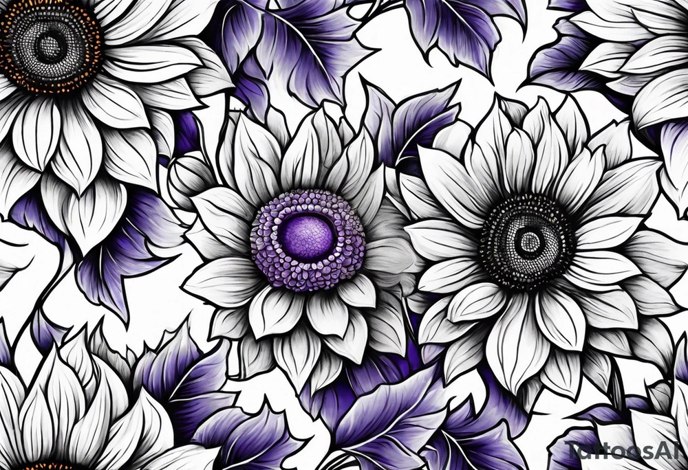 Full leg sleeve with purple, orange and blue sunflowers tattoo idea