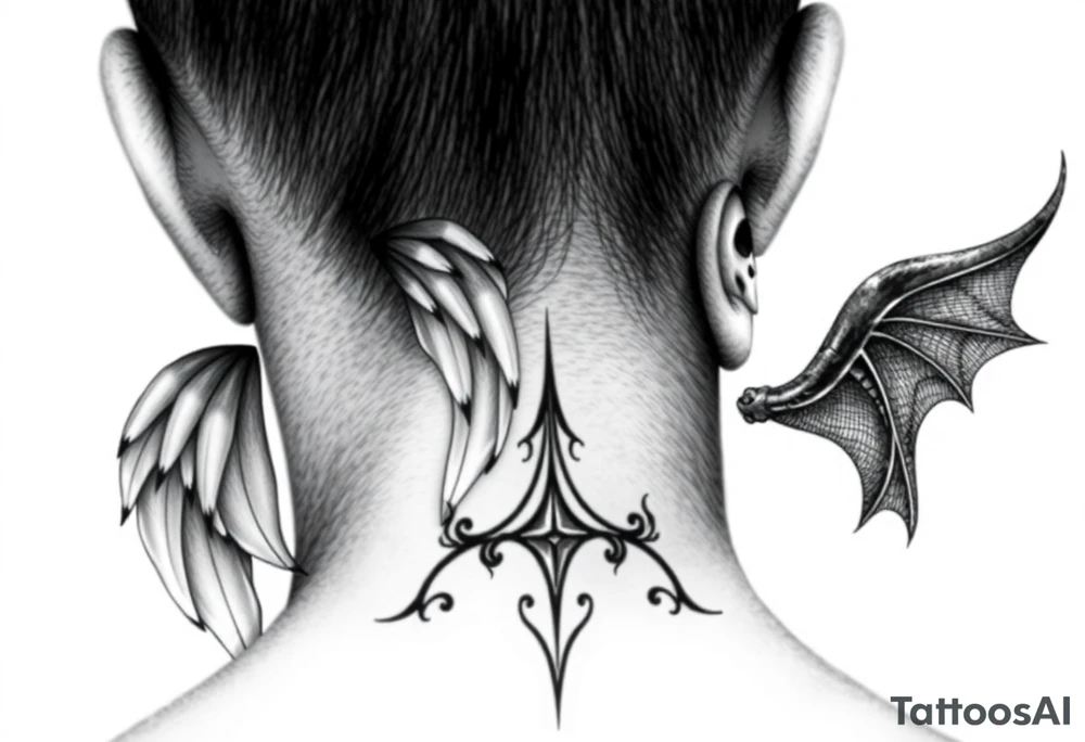 position behind the neck Angel (on the right) whispering in the right ear, demon (on the left) whispering in the left ear. It must be as realistic as possible. tattoo idea
