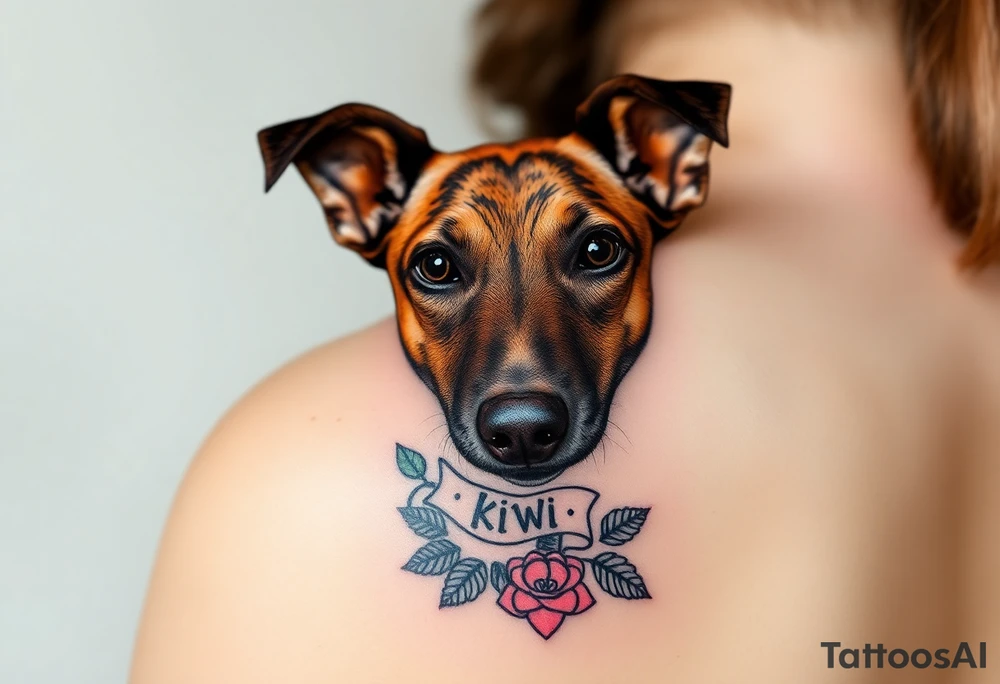 Cute female  large hound dog mix Brindle dog with the name kiwi . And a tiny rose around her . With her ears pointy a little big tattoo idea