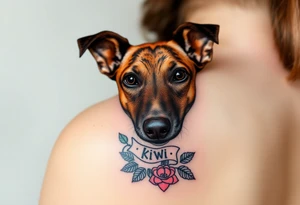 Cute female  large hound dog mix Brindle dog with the name kiwi . And a tiny rose around her . With her ears pointy a little big tattoo idea