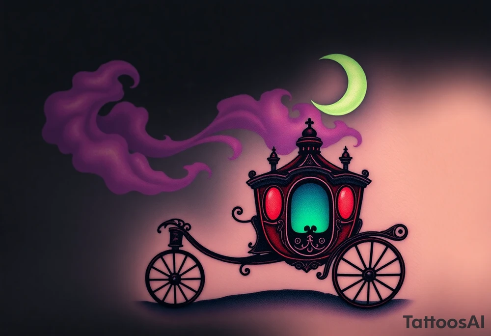 Tim Burton’s haunted victorian carrage is riding in the night and dripping with muted reds, dusty pinks, and eerie green glow.purple and cyan smokey clouds swirl in the crescent moonlit sky thats sprinkled with stars tattoo idea tattoo idea