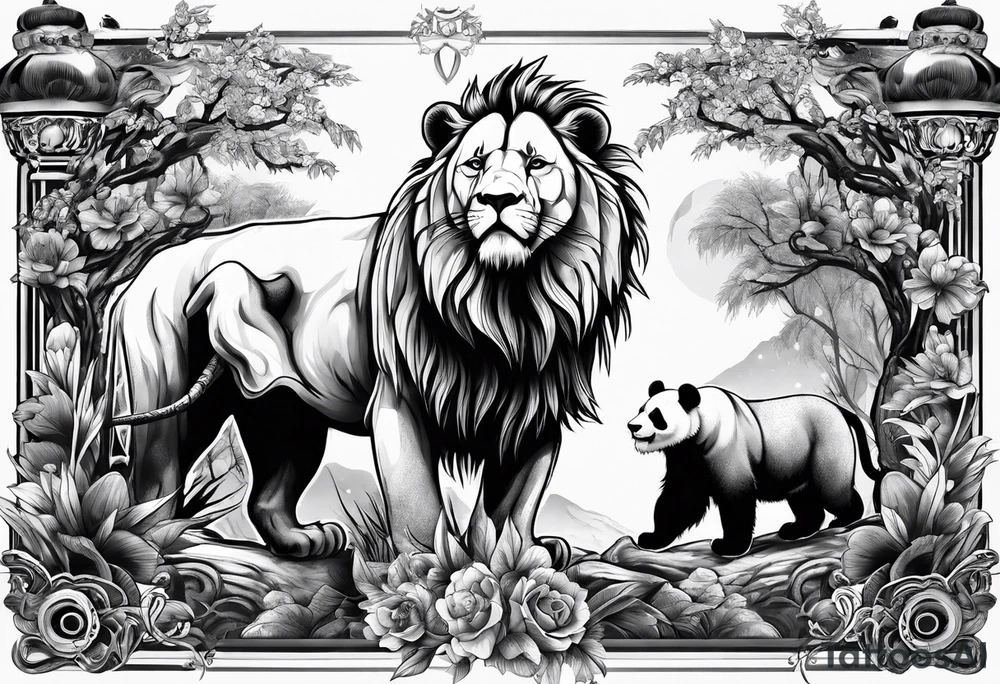 lion fighting panda tattoo idea