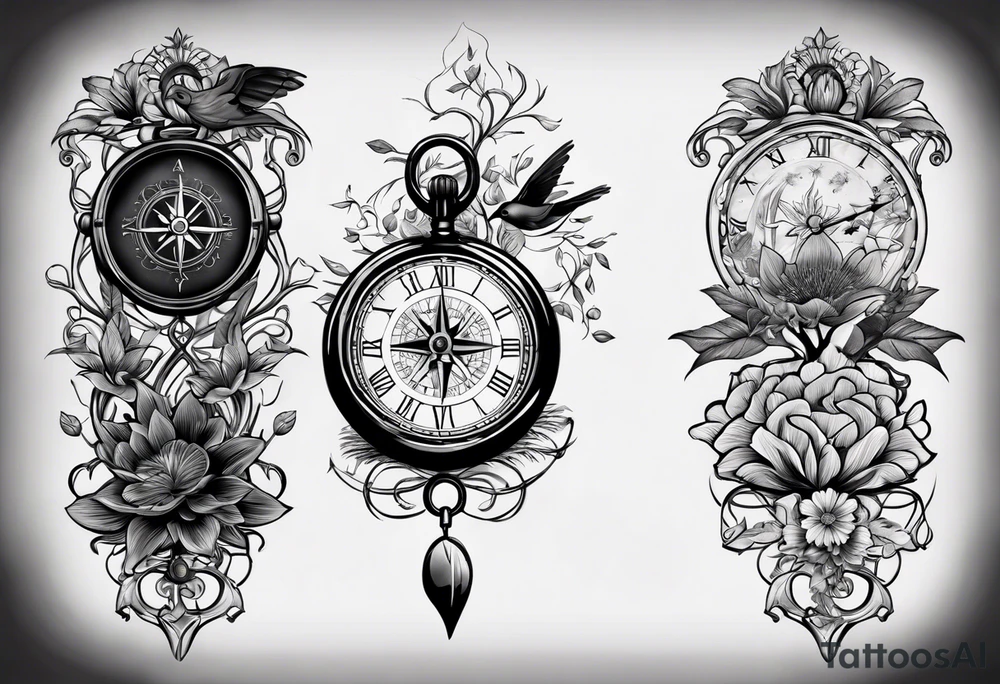 black and grey composition of three elements, 1), combination old school pocket watch and nautical compass, 2) a tree of life and 3) a doctor bird, connected together by lignum vitae flowers, on the arm 3/4 sleeve tattoo idea