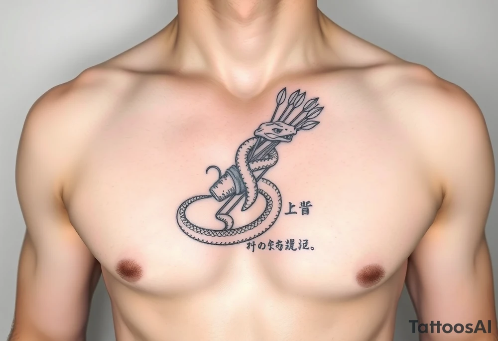 snake carrying a bunch of arrows in a quiver on its back and japanese text tattoo idea