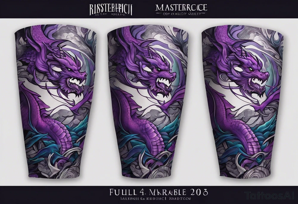 Purple dragon arm sleeve with an eldritch design tattoo idea