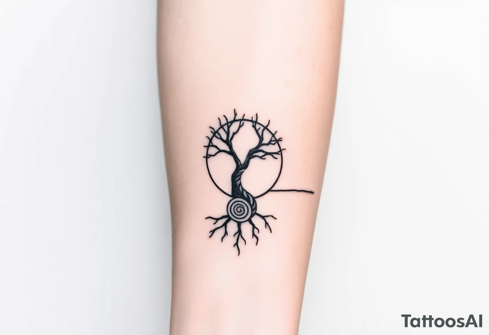 Tree inside of sun, spiral circle roots. A line moving to the right tattoo idea