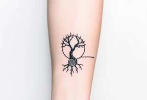 Tree inside of sun, spiral circle roots. A line moving to the right tattoo idea