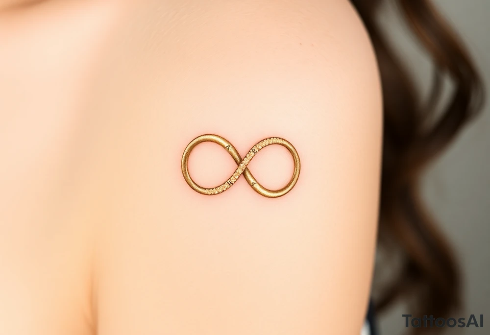A delicate infinity symbol in shimmering champagne gold, intertwined with wedding rings engraved with the couple’s initials tattoo idea