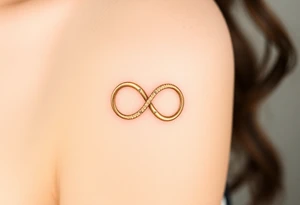 A delicate infinity symbol in shimmering champagne gold, intertwined with wedding rings engraved with the couple’s initials tattoo idea