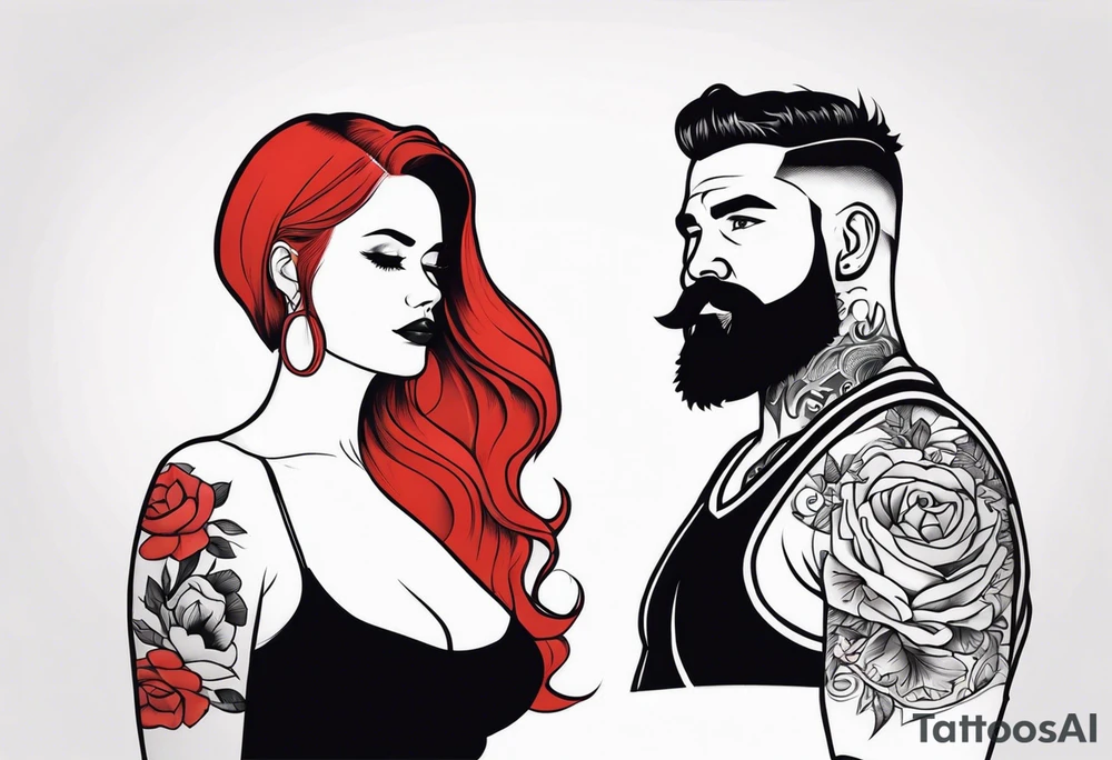Busty Red haired woman with black haired bearded man tattoo idea
