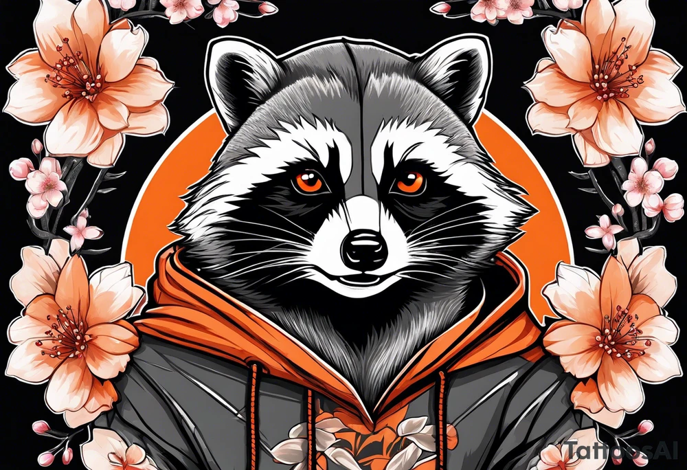 Raccoon wearing a white Superman logo on a black hoodie and orange Japanese cherry blossoms beside tattoo idea