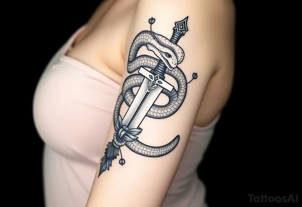 mystical snake coiled around an ancient dagger with jeweled hilt tattoo idea