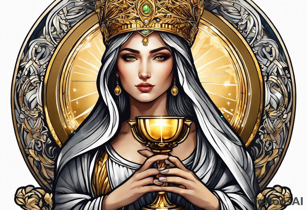 woman saint holding chalice surrounded by golden halo tattoo idea