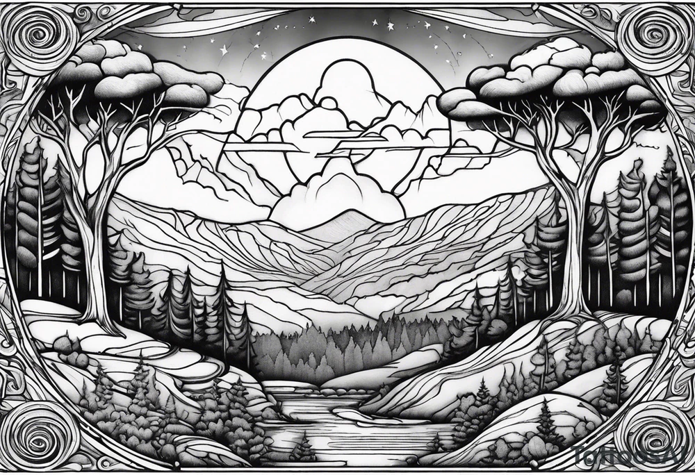 oval shape trees mountain tattoo idea