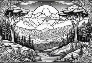oval shape trees mountain tattoo idea