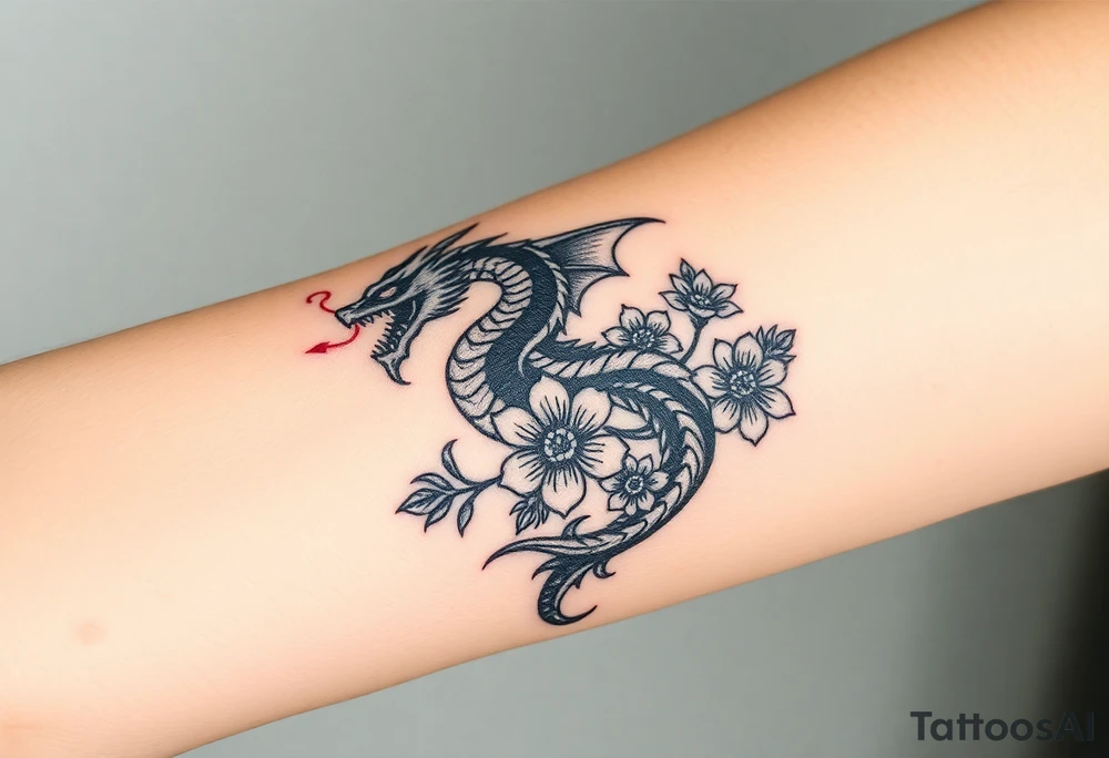 scary dragon with death flowers tattoo idea