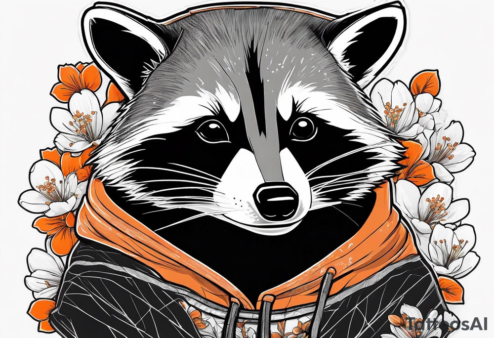 Raccoon wearing a white Superman logo on a black hoodie and orange Japanese cherry blossoms tattoo idea