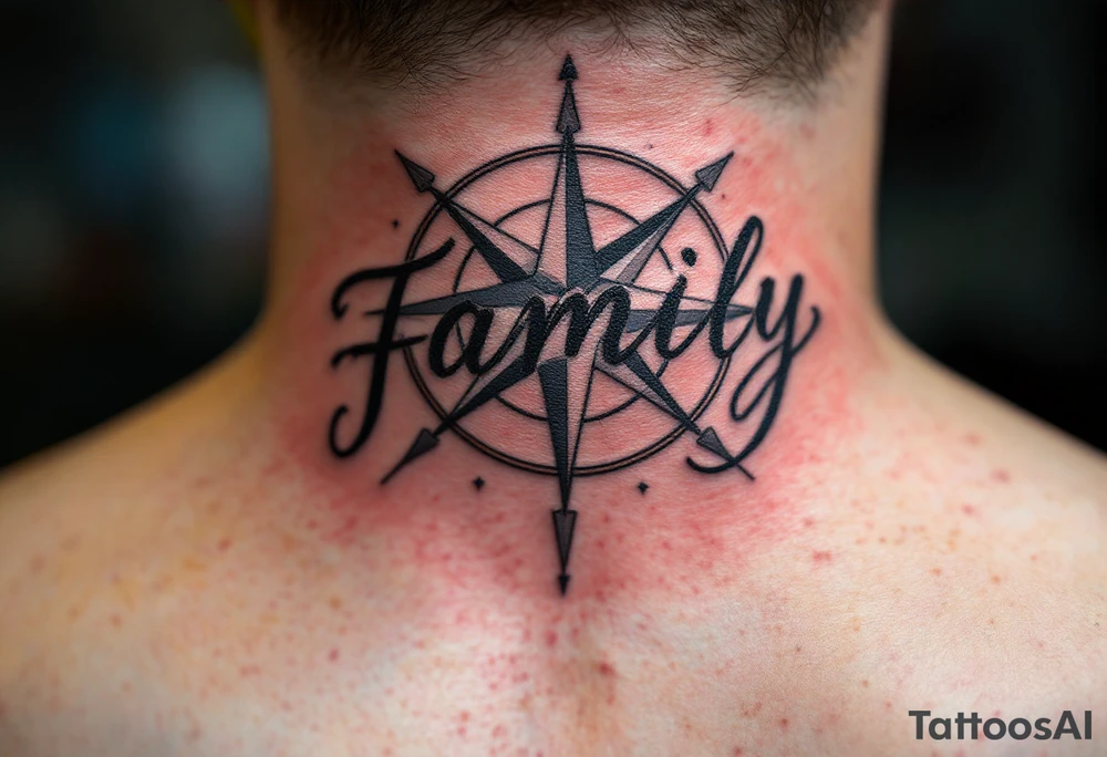 A classic black word "family" tattoo beneath a compass rose with deep navy and silver accents. tattoo idea