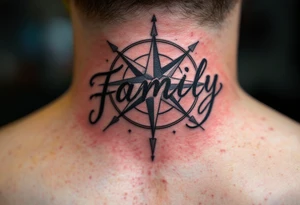 A classic black word "family" tattoo beneath a compass rose with deep navy and silver accents. tattoo idea