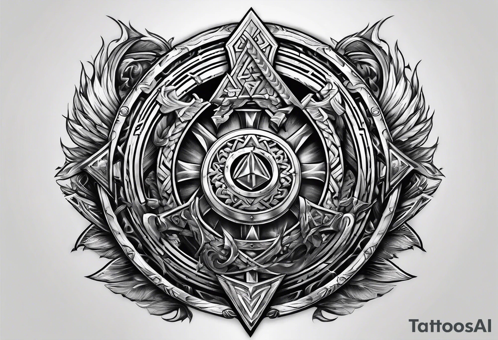 Valhalla stairs sword shield axe Valknut tattoo idea