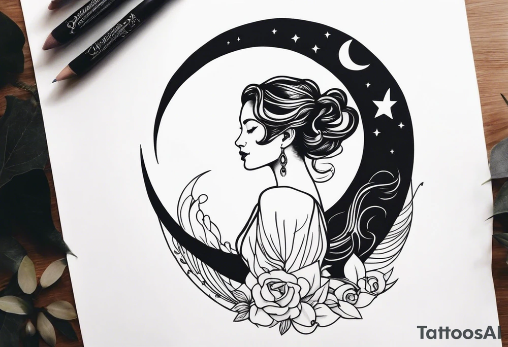 woman in dress on a crescent moon tattoo idea