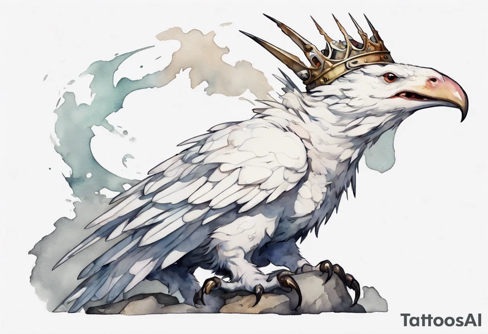 a white bird-wyvern hybrid, wearing a plain iron crown on head, perched on a stone tattoo idea