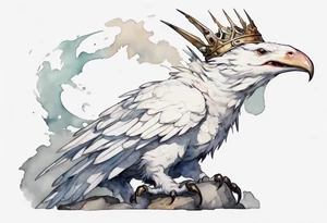 a white bird-wyvern hybrid, wearing a plain iron crown on head, perched on a stone tattoo idea