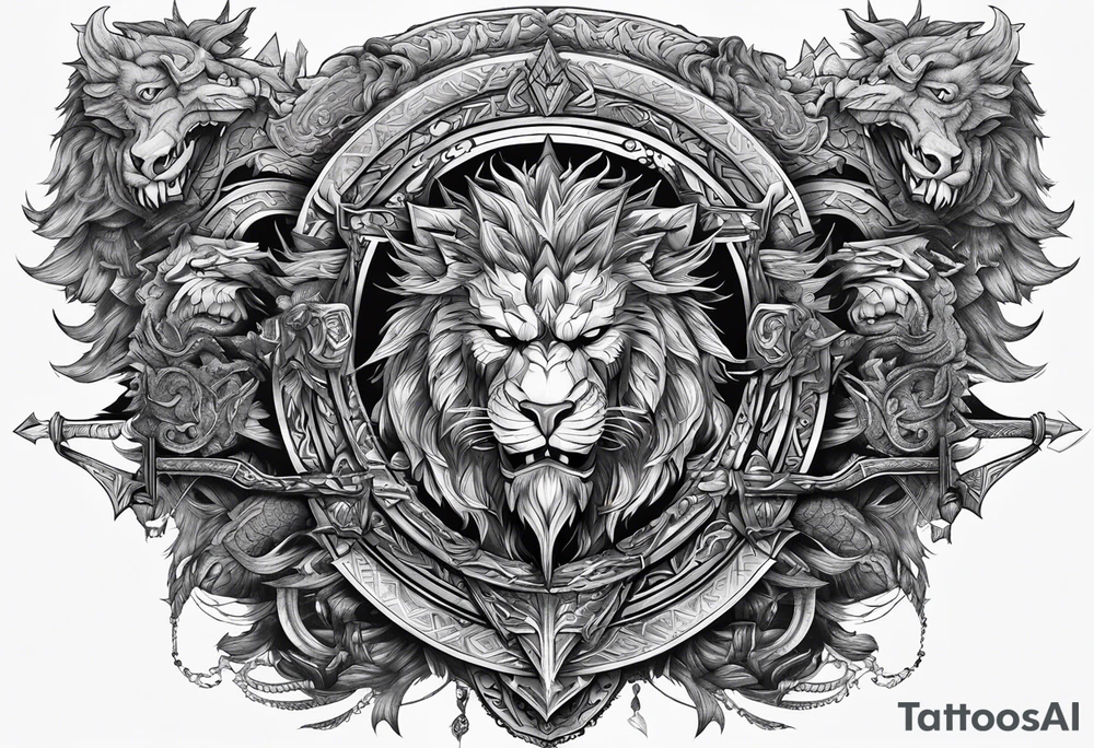 Valhalla sword shield  axe  dragon lion
Valknut  ruins tattoo idea