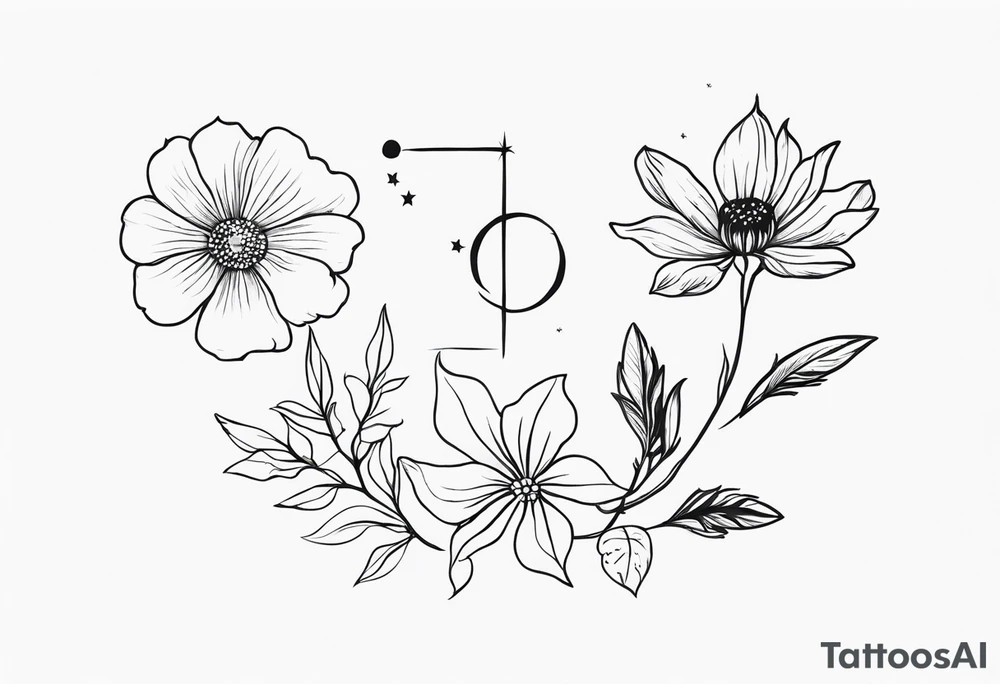zodiac constellation two Sagittarius, one Capricorn one Gemini, with two november birth flower, january birth flower, june birth flower tattoo idea