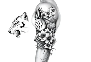 this is a full arm sleeve. All black with a wolf, tiger, whale and fox with sakura branches tattoo idea
