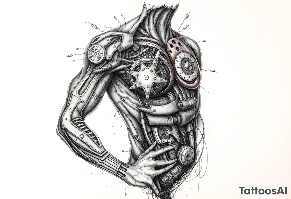 A full sleeve tattoo design The design features a melted skin effect, revealing detailed robotic parts and mechanical components underneath. The melted skin appears torn and organic, seamlessly transitioning to intricate gears, wires, and futuristic machinery beneath, creating a striking fusion of human and robotic elements. tattoo idea