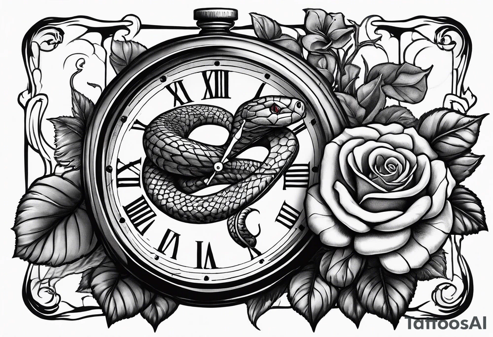 King cobra wrapped around an old broken watch clock with dead roses all around in the background tattoo idea