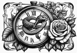 King cobra wrapped around an old broken watch clock with dead roses all around in the background tattoo idea