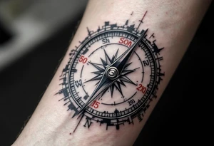 A compass in black and grey realism, with the needle pointing to the son's birthdate in deep red numerals. tattoo idea