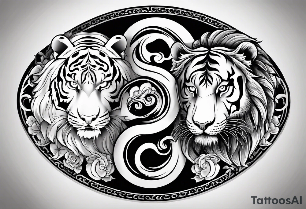 Tiger and lion on a yin yang plate tattoo idea