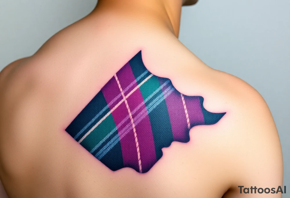 Side of arm Dark Purple with green pink blue and white highlights tartan fabric with skin peeling away at edges tattoo idea