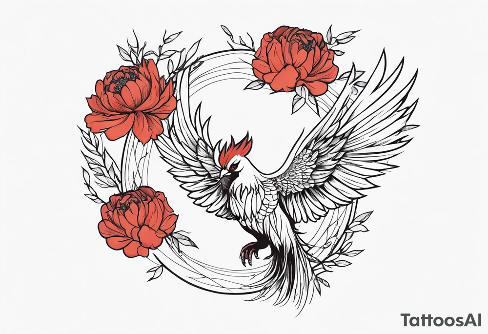 minimalist pheonix with peonies tattoo idea