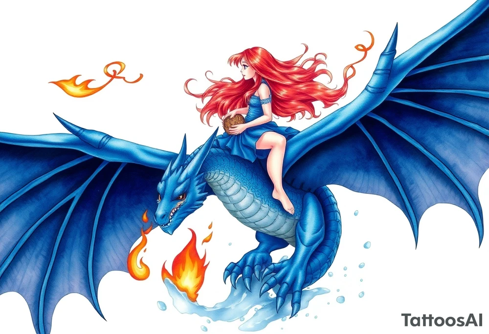 Redheaded girl on a blue dragon who is breathing fire with wings spread and flying over ice and flames tattoo idea
