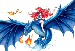 Redheaded girl on a blue dragon who is breathing fire with wings spread and flying over ice and flames tattoo idea