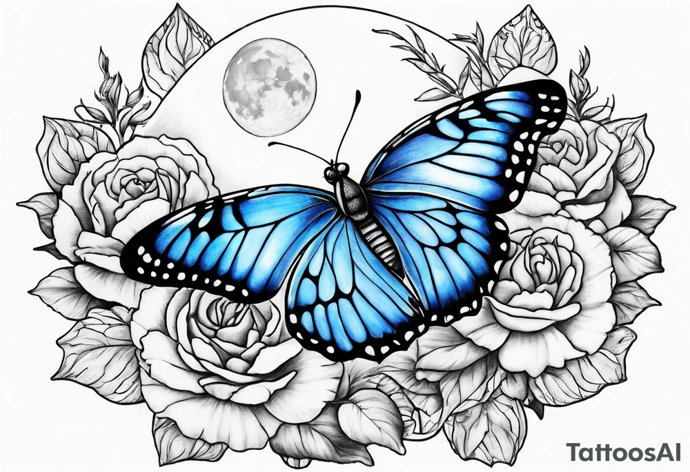 Blue butterfly full moon carnation tattoo idea