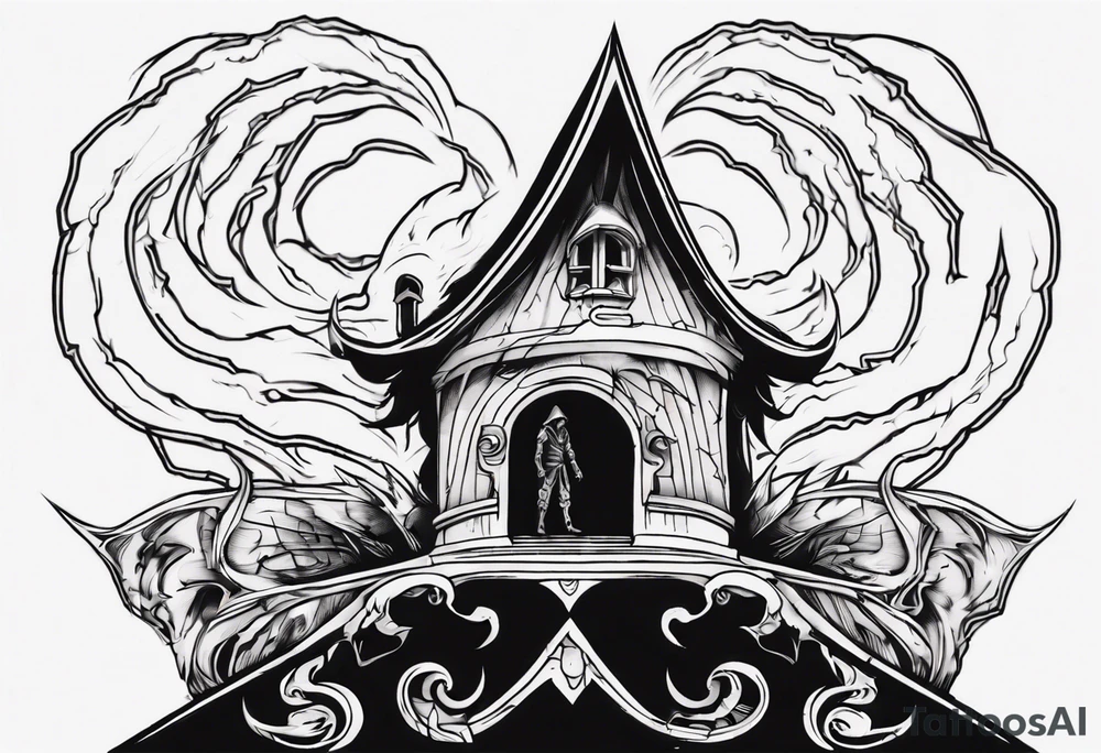 A black demonic shadow lifting the roof, peering out into the surroundings with an ominous presence. tattoo idea