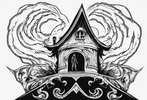 A black demonic shadow lifting the roof, peering out into the surroundings with an ominous presence. tattoo idea