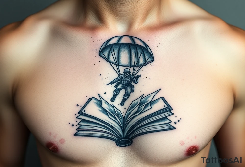 A parachuting soldier falling into an open book. Chaos surrounding, but the book is protecting the soldier from it. On the chest. Make the tattoo smaller. Make it thought provoking. Make the chaos in the environment be an eerie mist. Make the pages in the book be blank. Just one soldier, no other characters. the book is old. tattoo idea